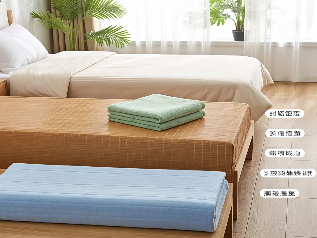 Neatly stacked green and blue hotel towels and linens