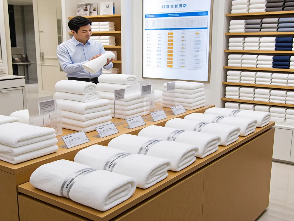 A display of white hotel towels in a store