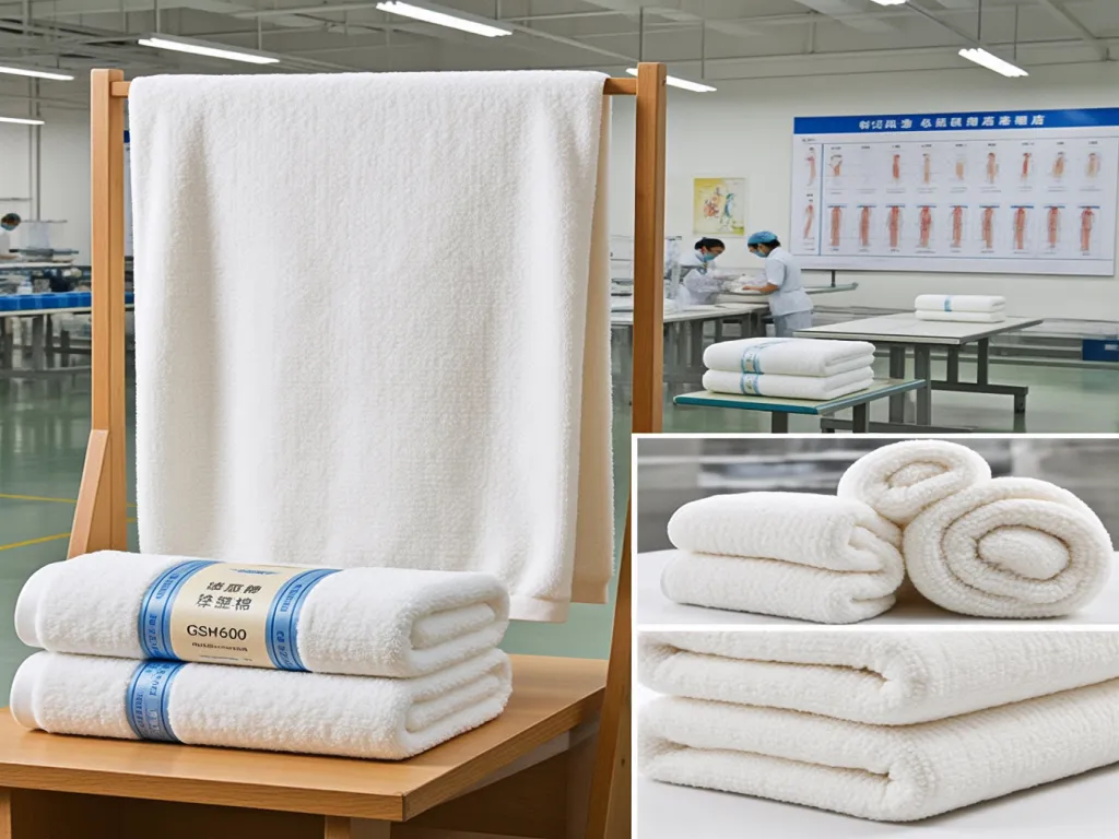 White hotel towels displayed in a factory setting and stacked for show