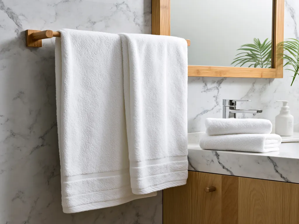 White towels hanging in a modern bathroom