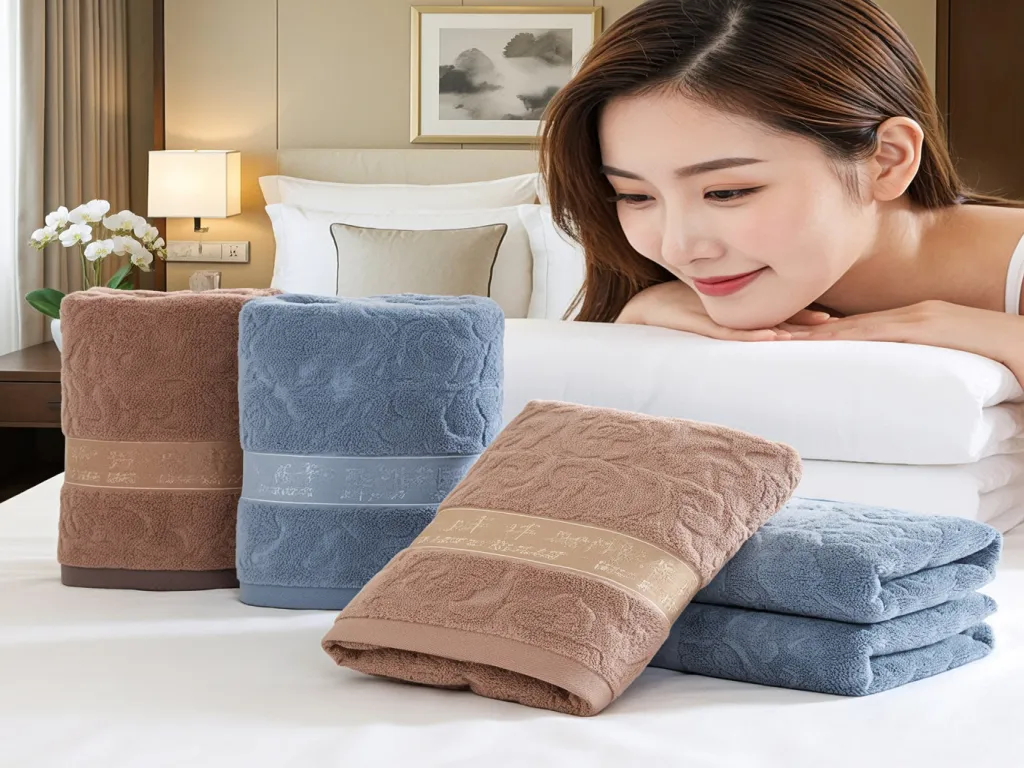 Embroidered long staple cotton hotel towels in different colors placed on a bed