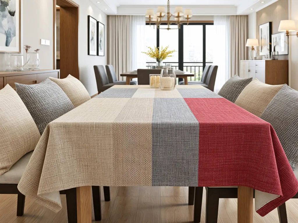 Colorful linen table runner in a bright dining room