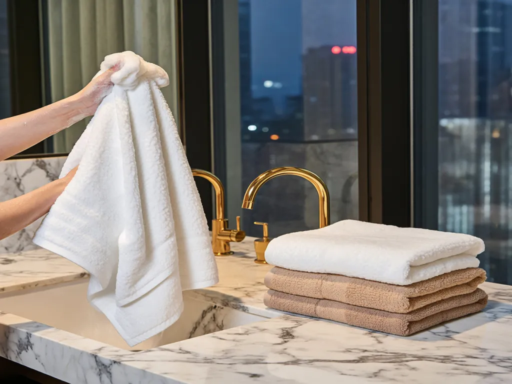 Hotel towels in a modern bathroom setting