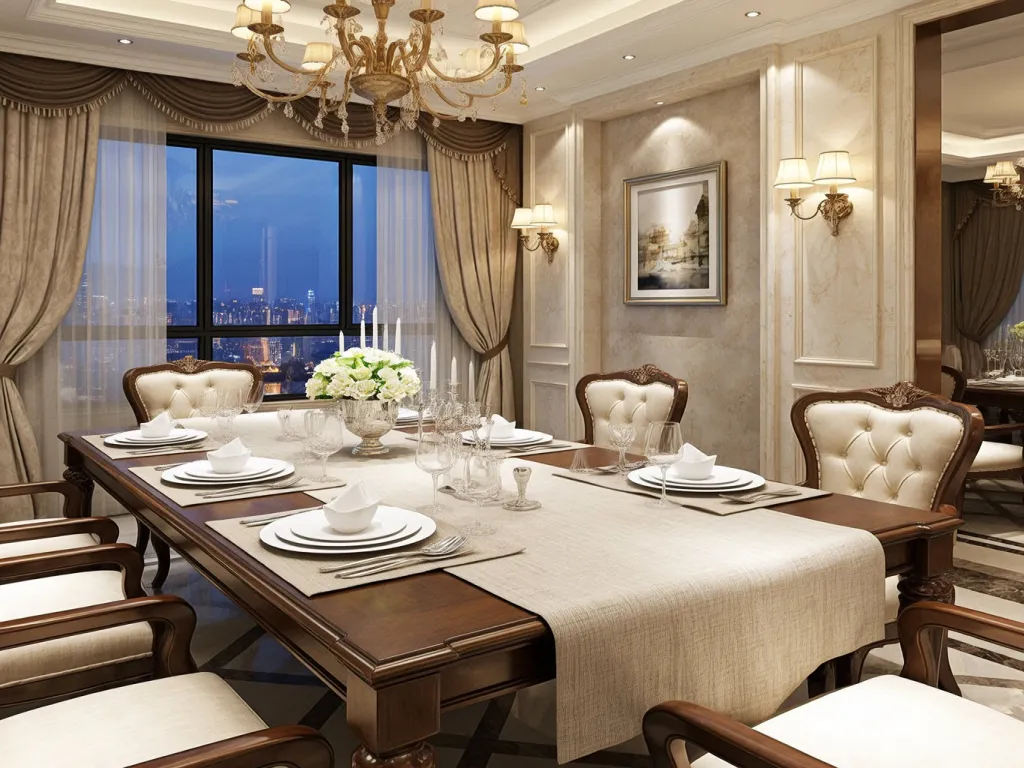 Luxury dining room with table linen and chandelier