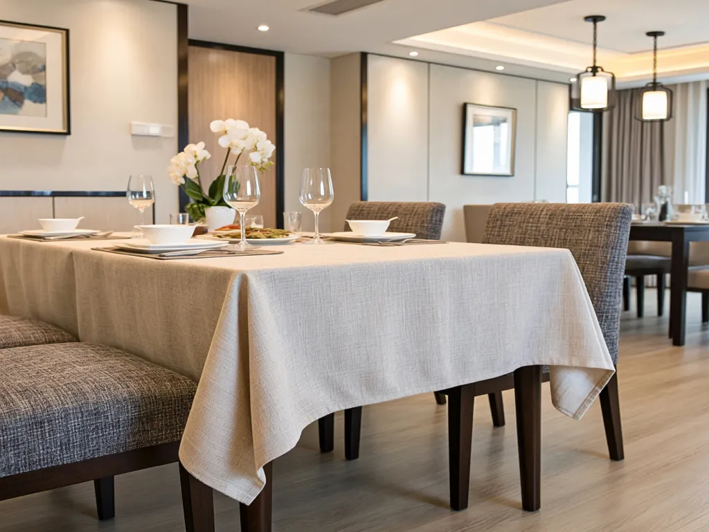 Modern dining setup with a linen table runner