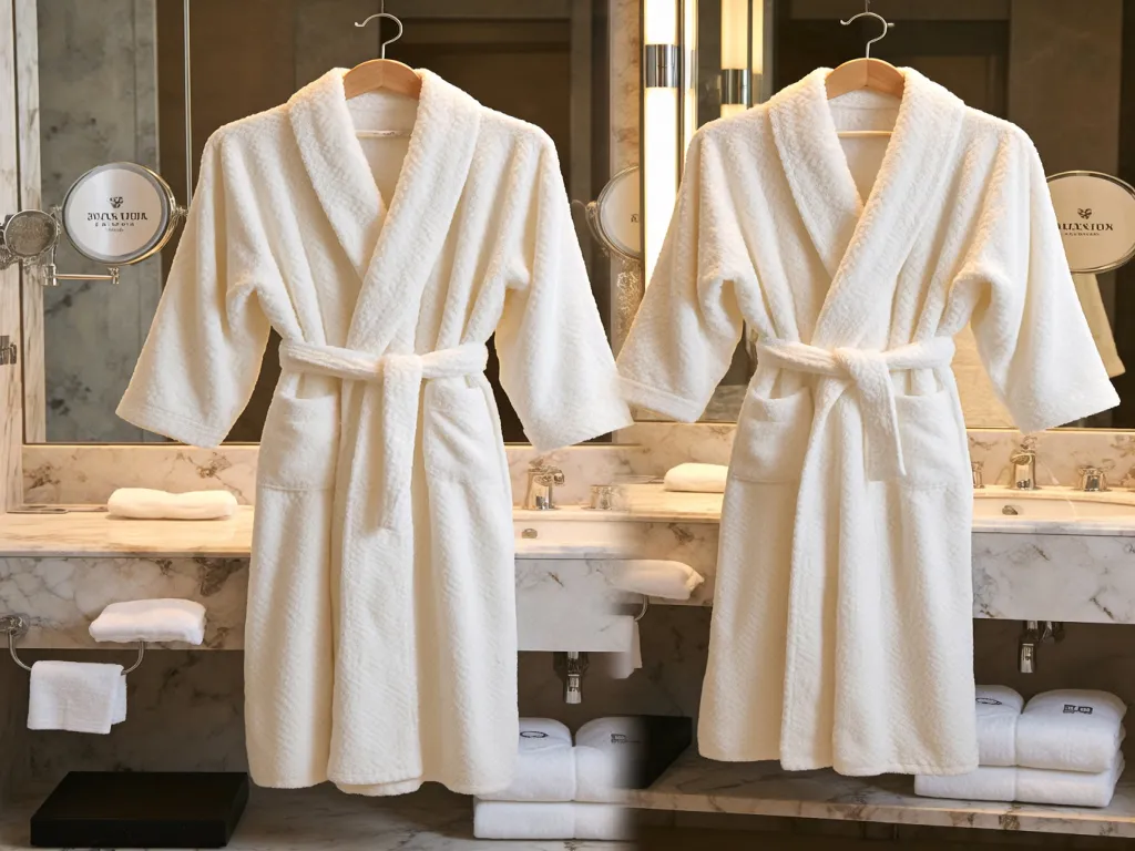 White embroidered long staple cotton bathrobes hanging in a luxurious bathroom