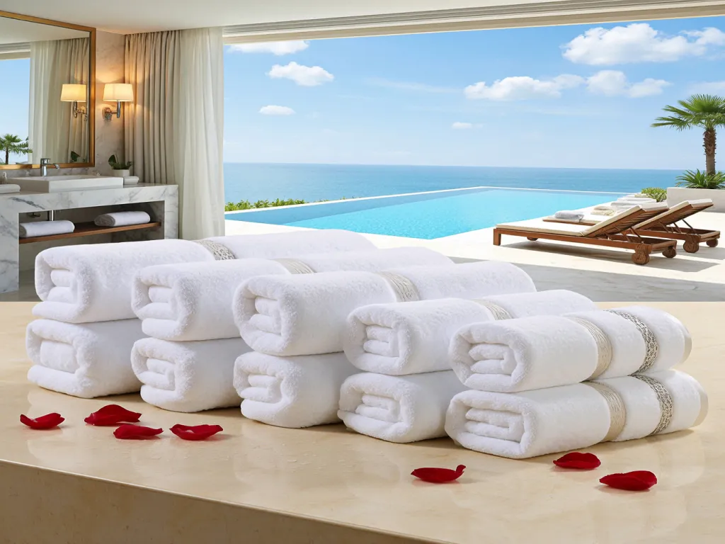 Rolled white embroidered long staple cotton hotel towels by a poolside