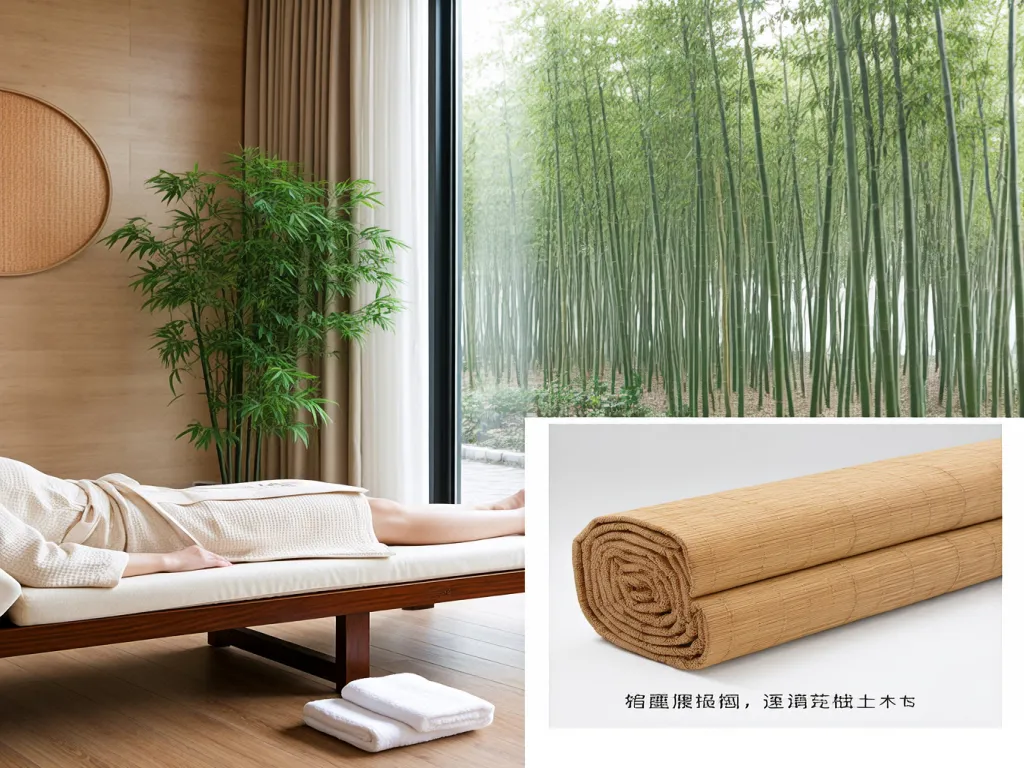 A person in a spa bathrobe lying on a bench with bamboo and textured fabric