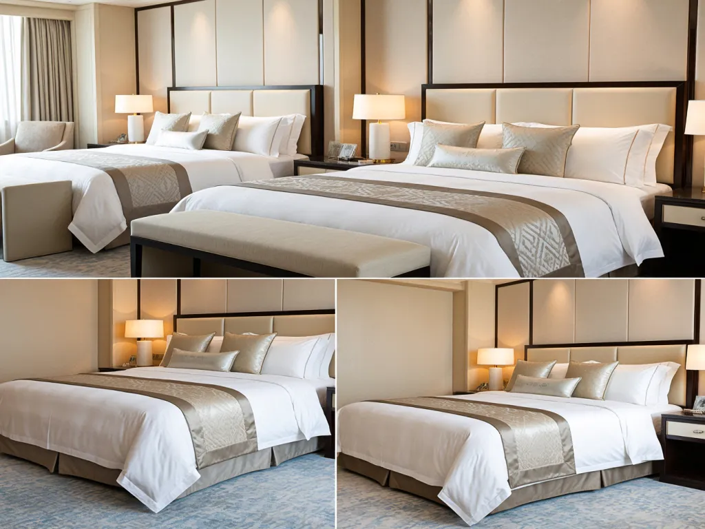 Hotel beds with white pillow cases and decorative throws