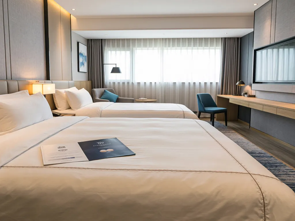 A neatly made hotel bed set in a modern room