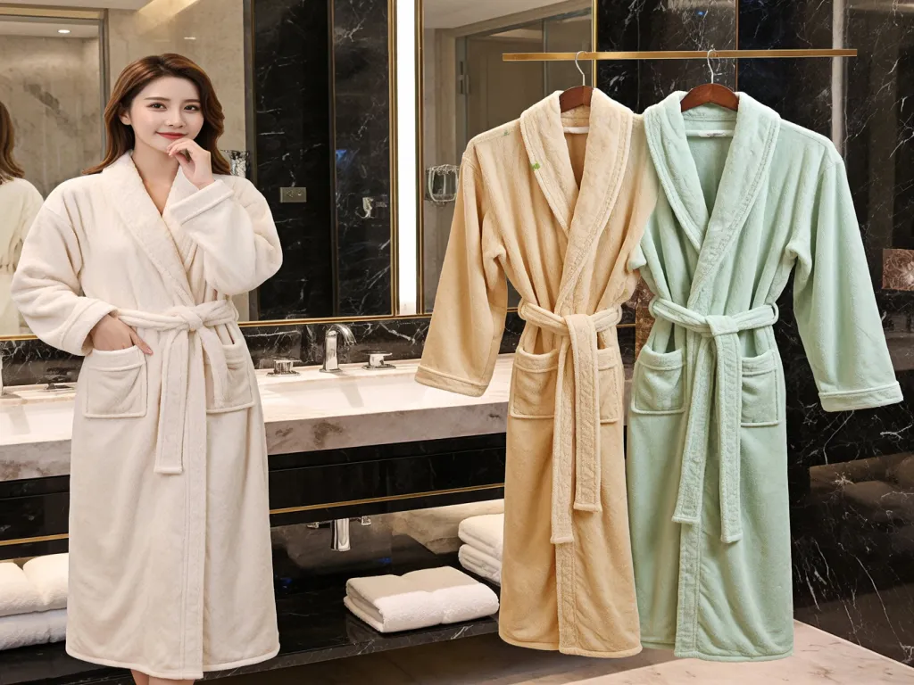 A woman models a white spa bathrobe alongside two other colors