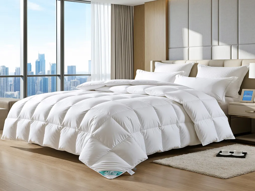 A modern bedroom with a white duvet and a stunning city view