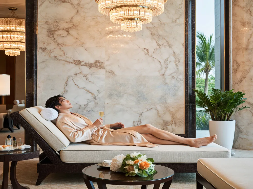 A person in a spa bathrobe relaxing with a drink in a luxurious setting