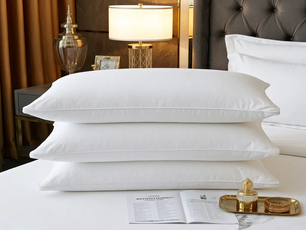 A stack of three white pillow cases on a bed