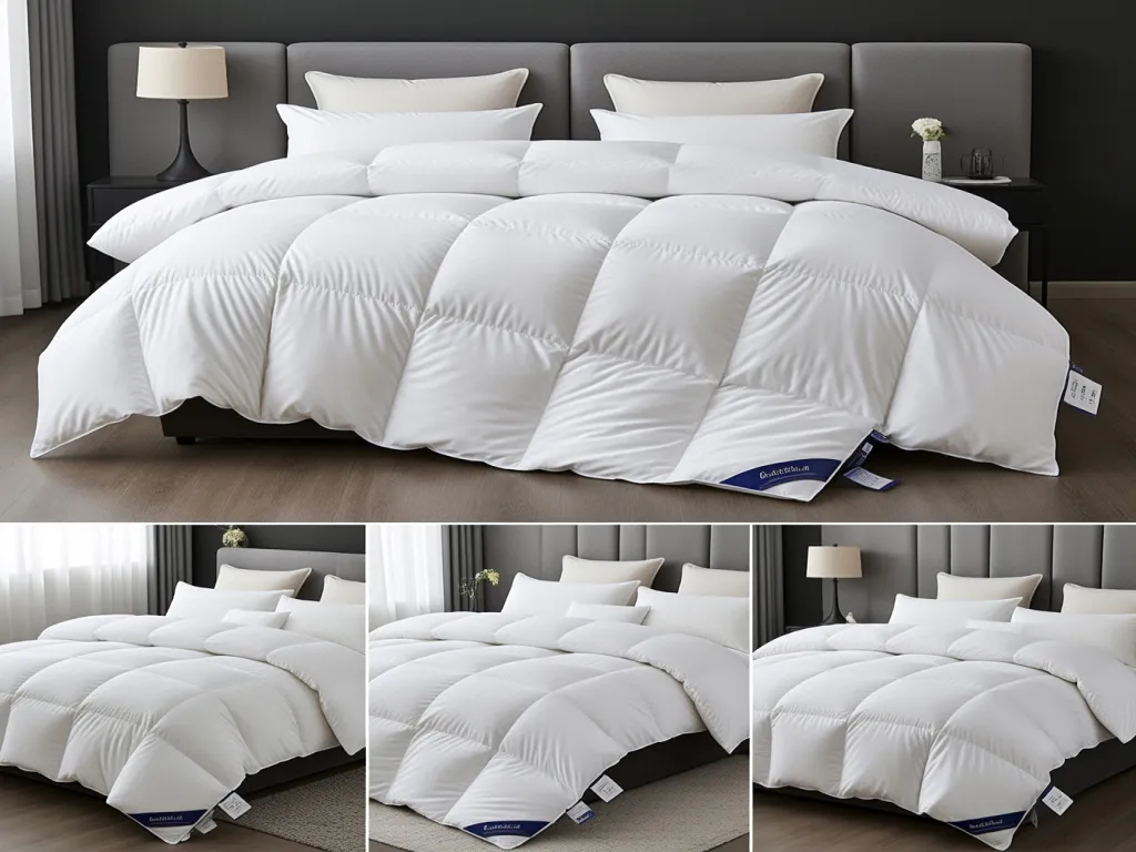 A white duvet displayed from multiple angles on a bed
