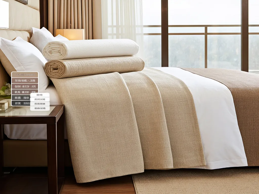 Beige hotel bed sheet with textured fabric and rolled towels