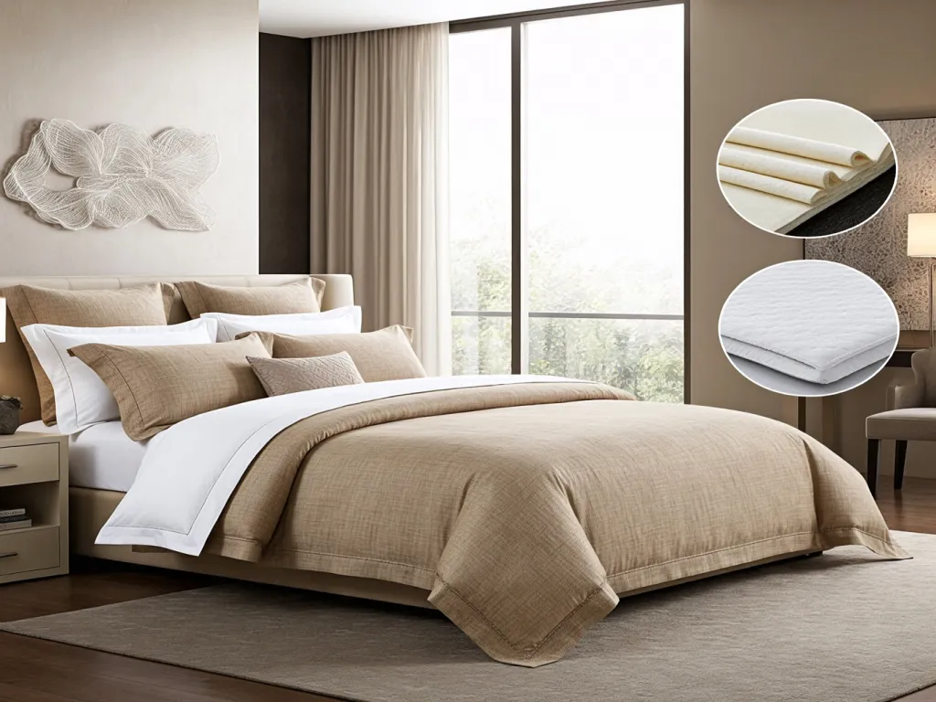 Closeup of beige hotel bedding with texture details