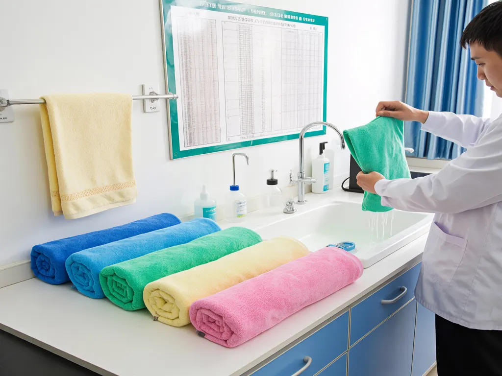Person cleaning bulk beach towels in a sink