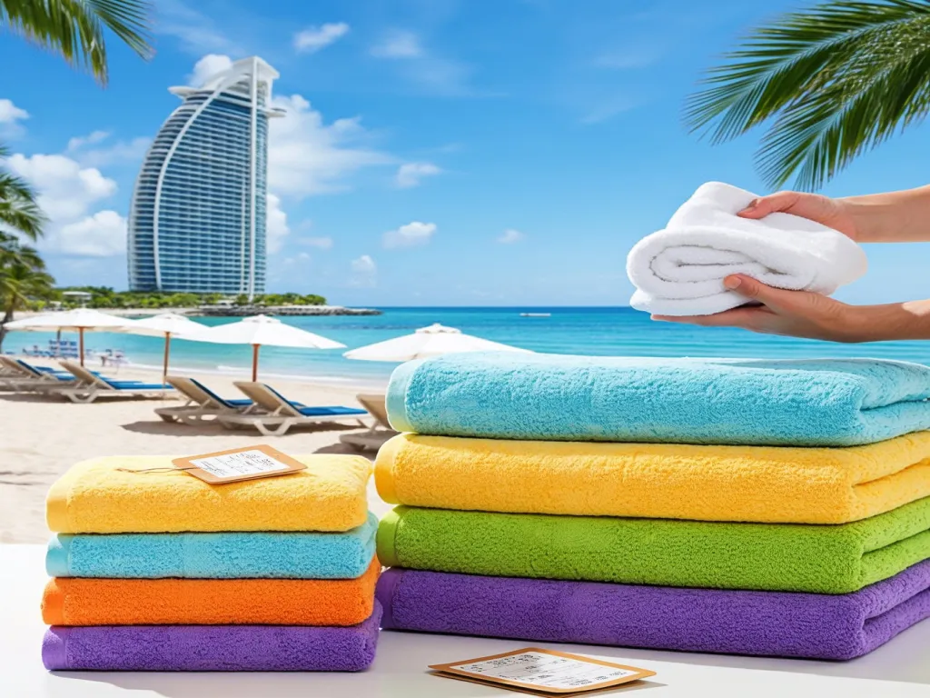 Colorful bulk beach towels on a beach