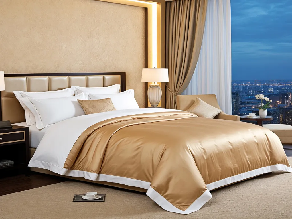 Golden hotel bedding set on a bed with city view in the background