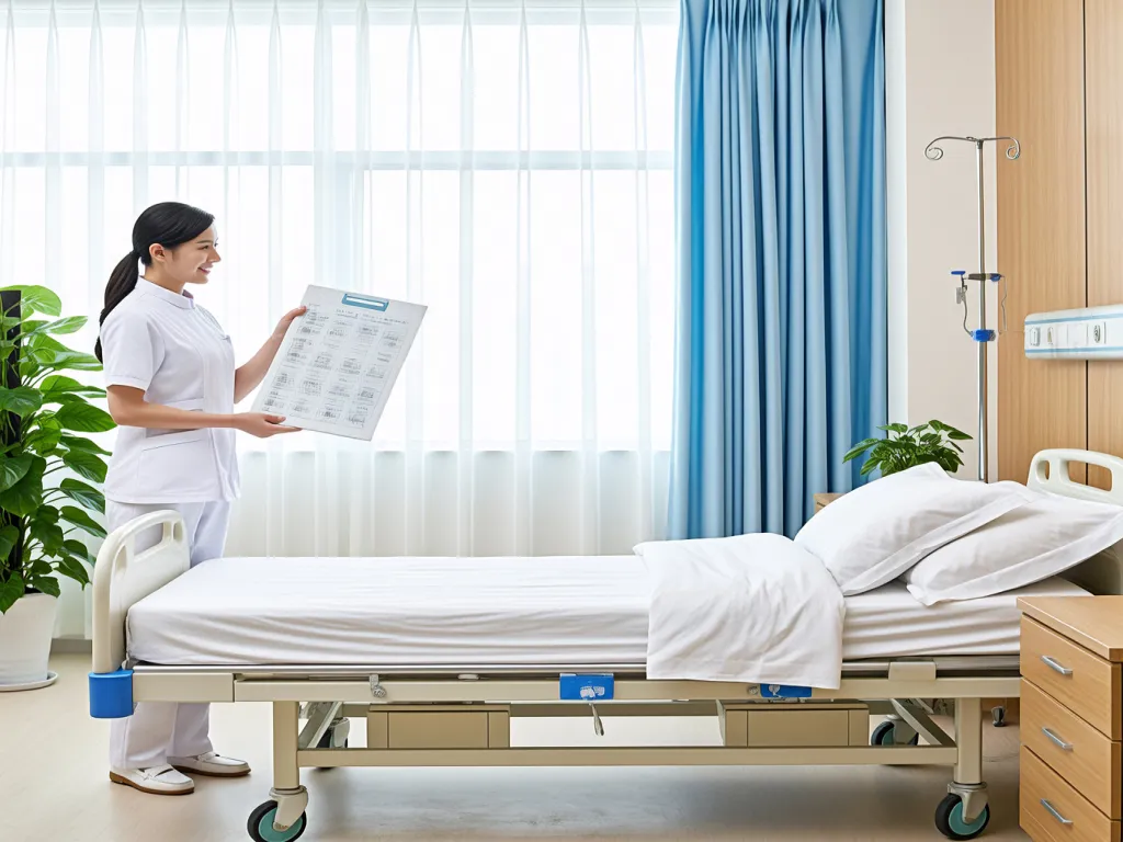 A hospital bed with clean white bedding