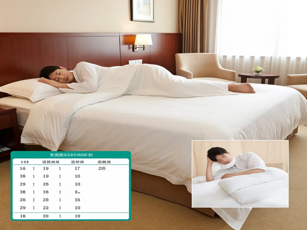 Person sleeping on a hotel bed with a comfort guide overlay