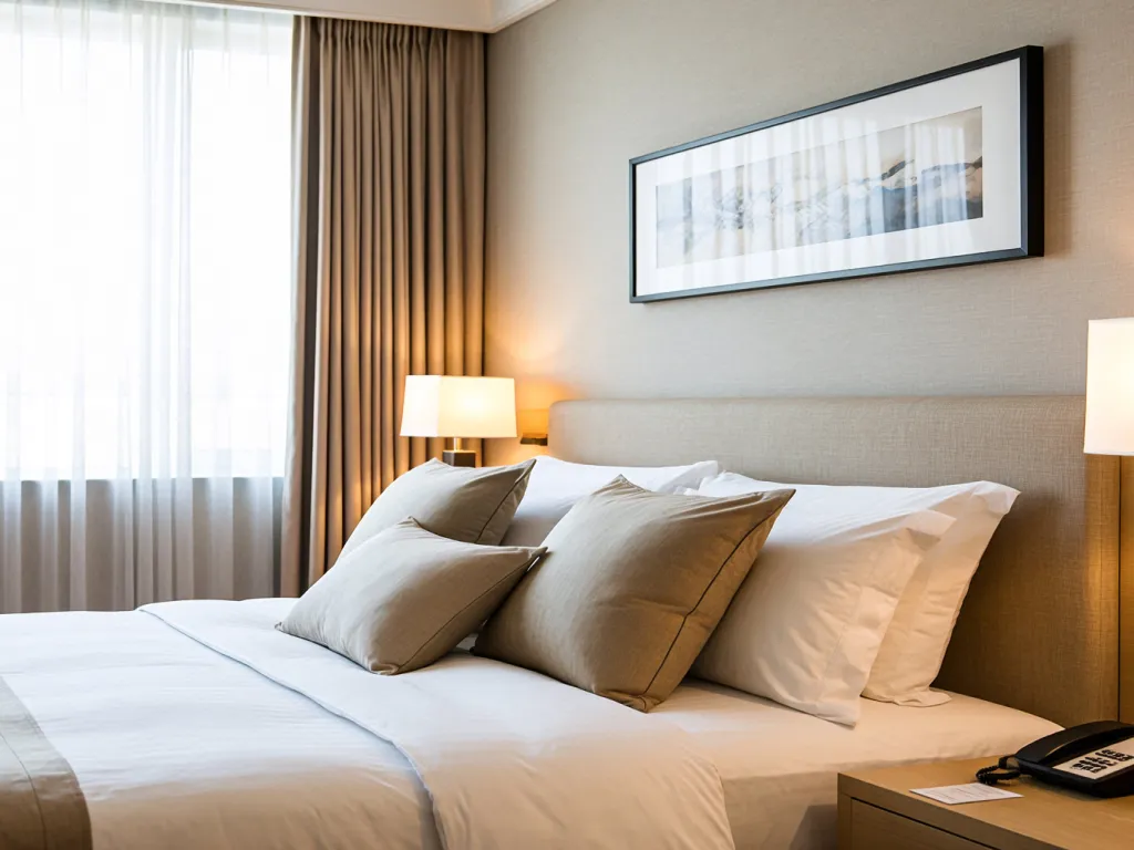 Hotel bed with neatly arranged pillows and decor