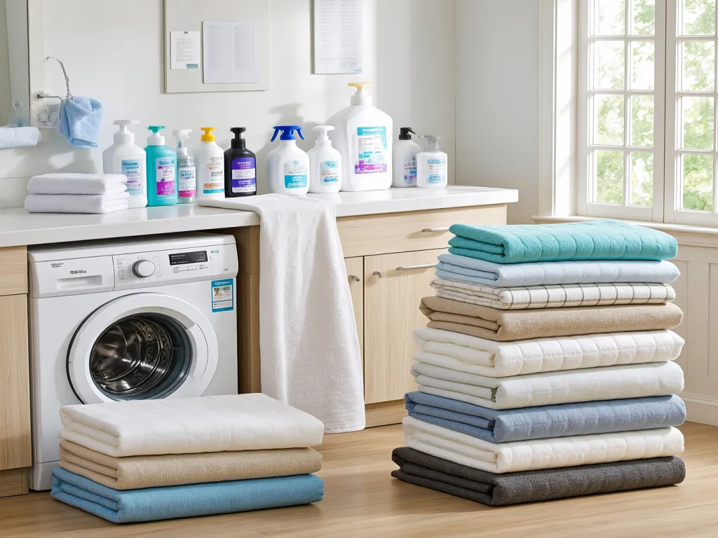 Stacks of hotel bedding ready for laundry with cleaning supplies in the background