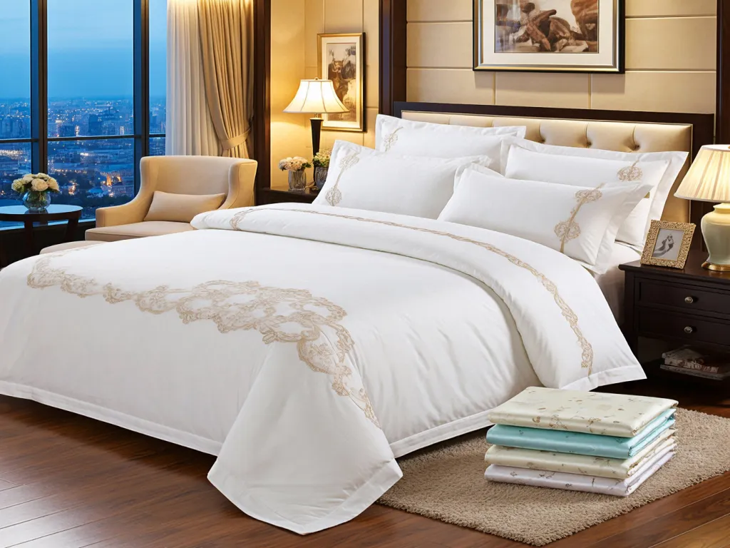Luxury hotel bed sheet set with decorative pillows and city view