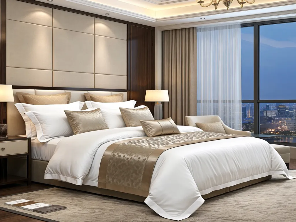 A luxurious hotel bedding set with pillows and a decorative throw