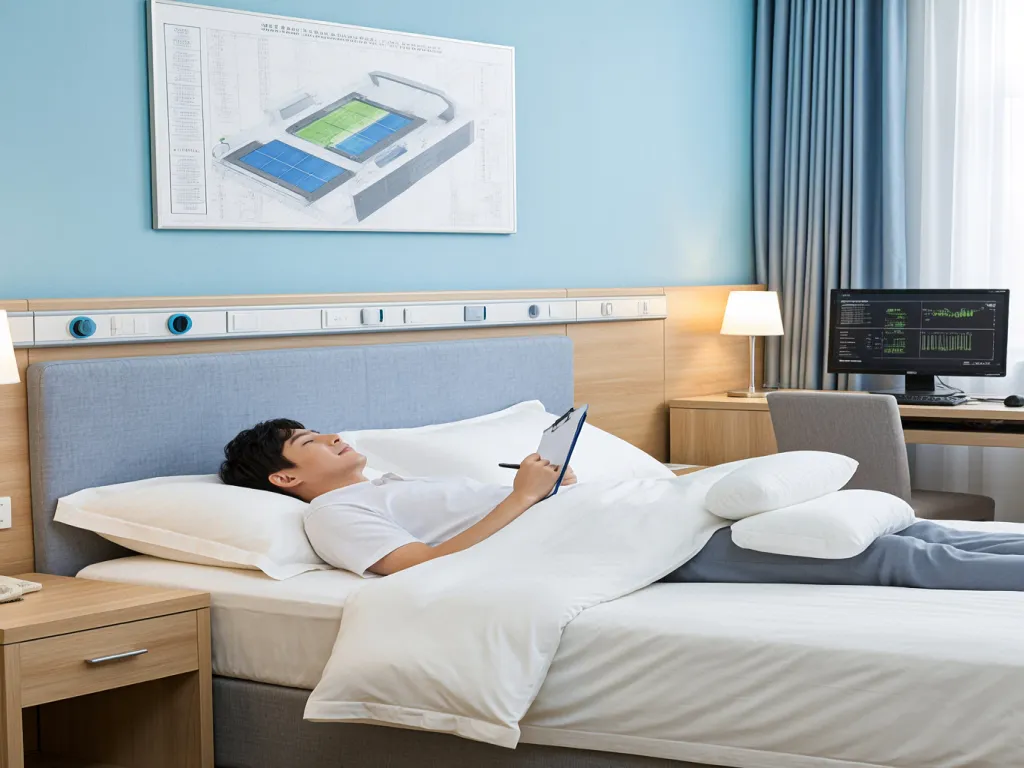 Man working on bed with hotel room pillows