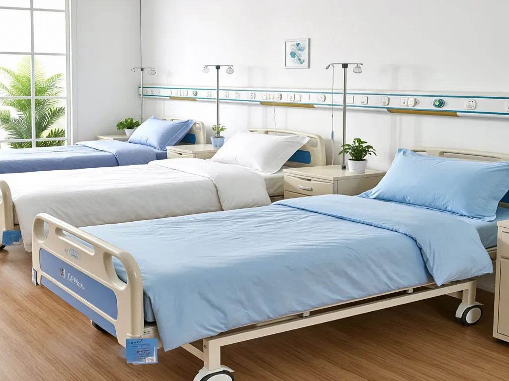 Multiple hospital beds lined up with blue and white bedding