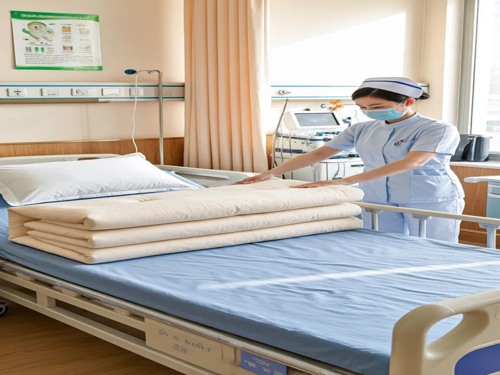 A nurse arranging bedding on a hospital bed