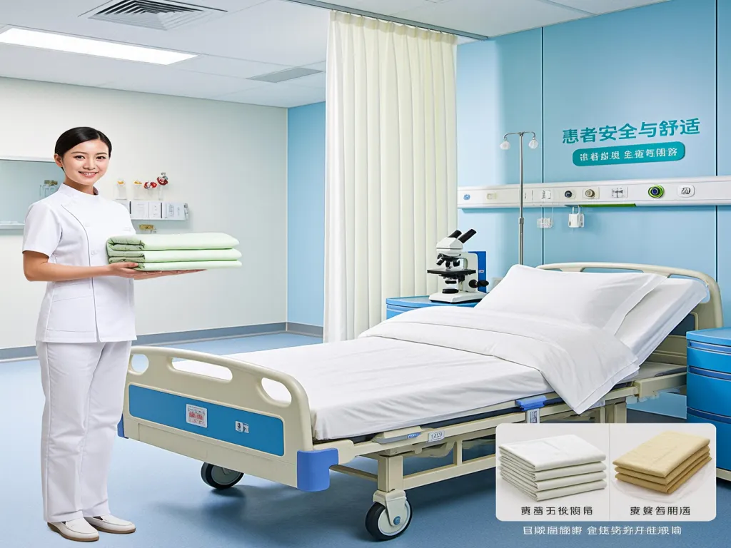 A nurse holding folded bedding in a hospital room