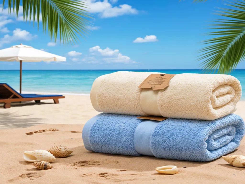 Rolled bulk beach towels on sand