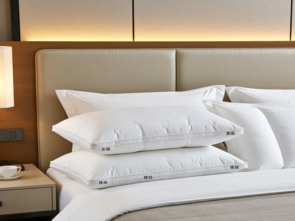 Stack of hotel room pillows on bed