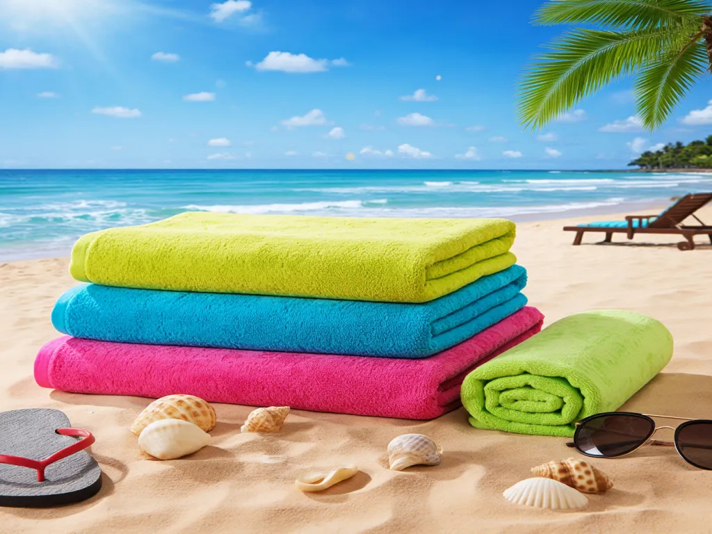 Stacked bulk beach towels with beach accessories