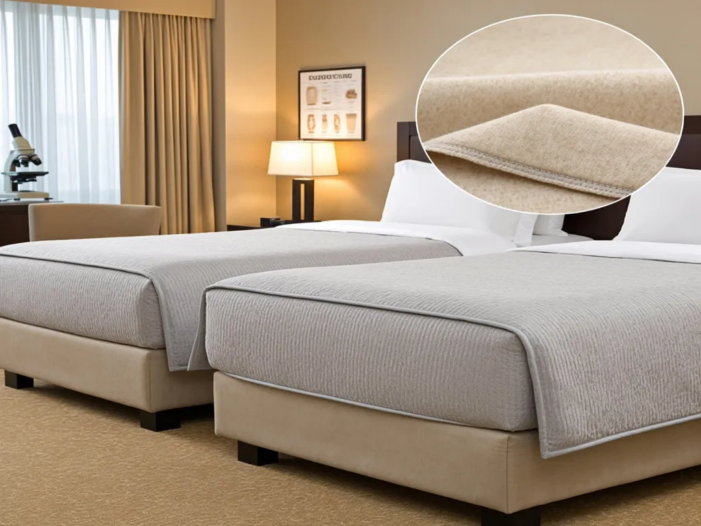 Twin hotel beds with neatly made sheets and a close-up of the fabric
