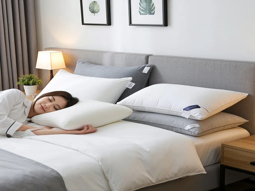 Woman sleeping on comfortable hotel room pillows