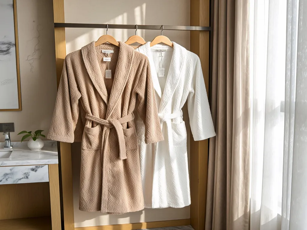 Beige and white bathrobes hanging near a window in a hotel room