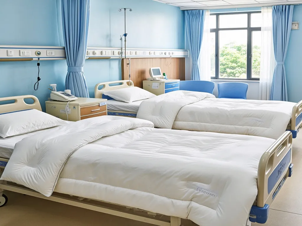 A clean hospital room with neatly made beds