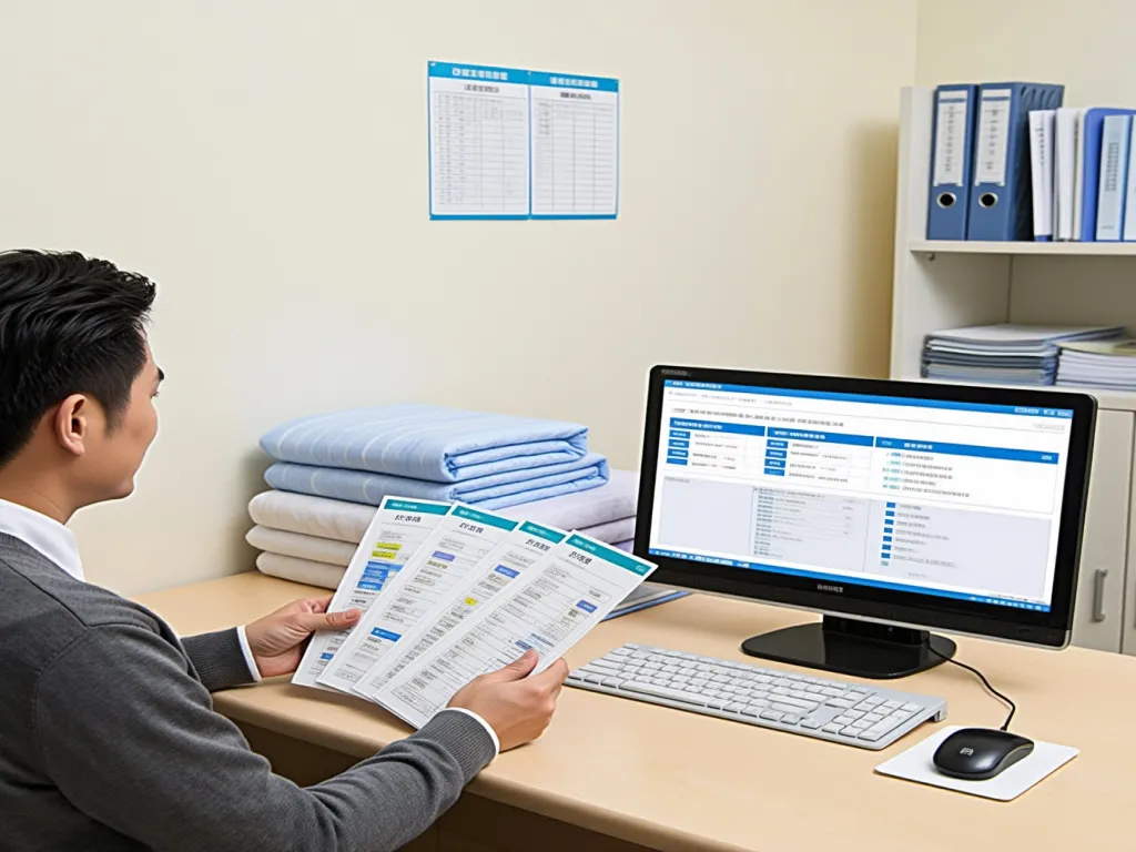 Person managing hospital bed sheets with computer