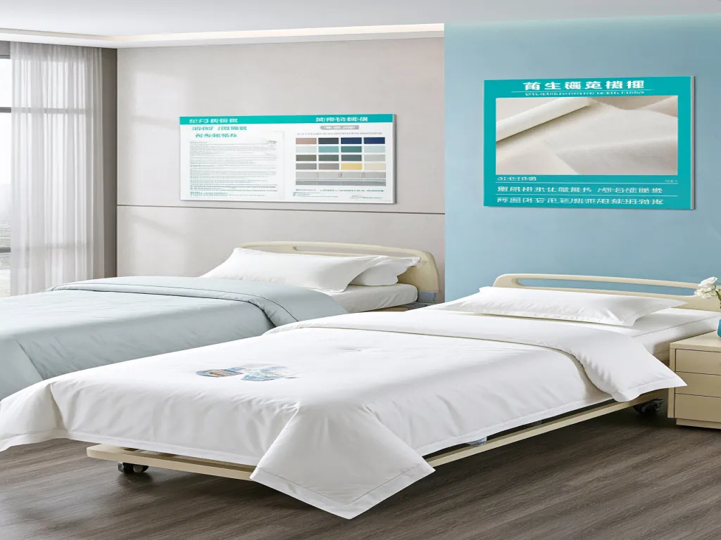 Hospital bed sheets in different colors displayed in a room