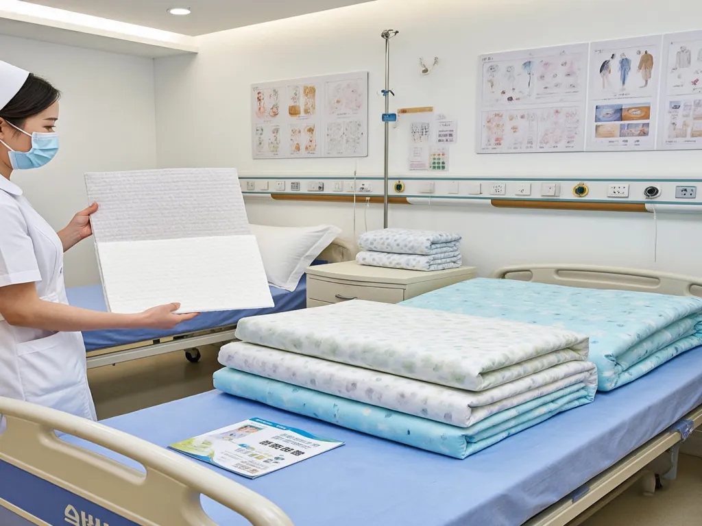 A nurse holds a hospital bedding set in a hospital room