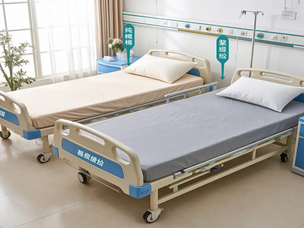 Two hospital beds with different colored bedding sets