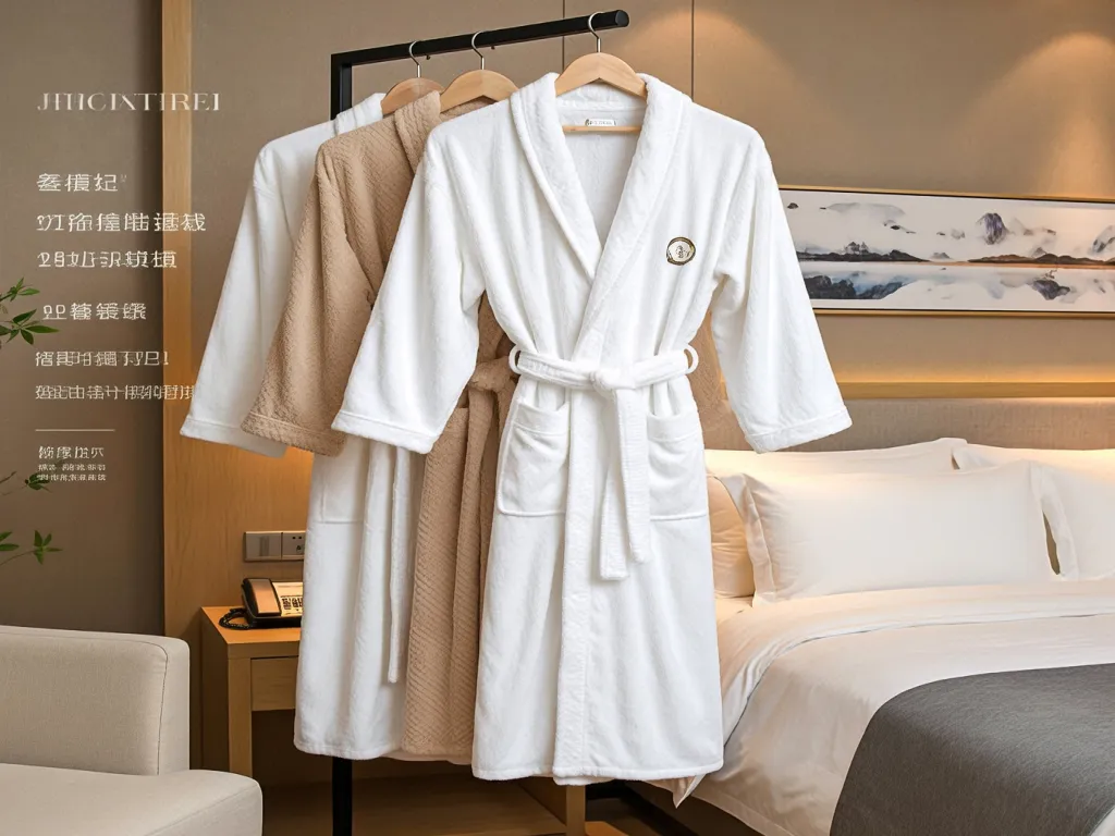 Hotel bathrobes in white and beige colors hanging on hangers