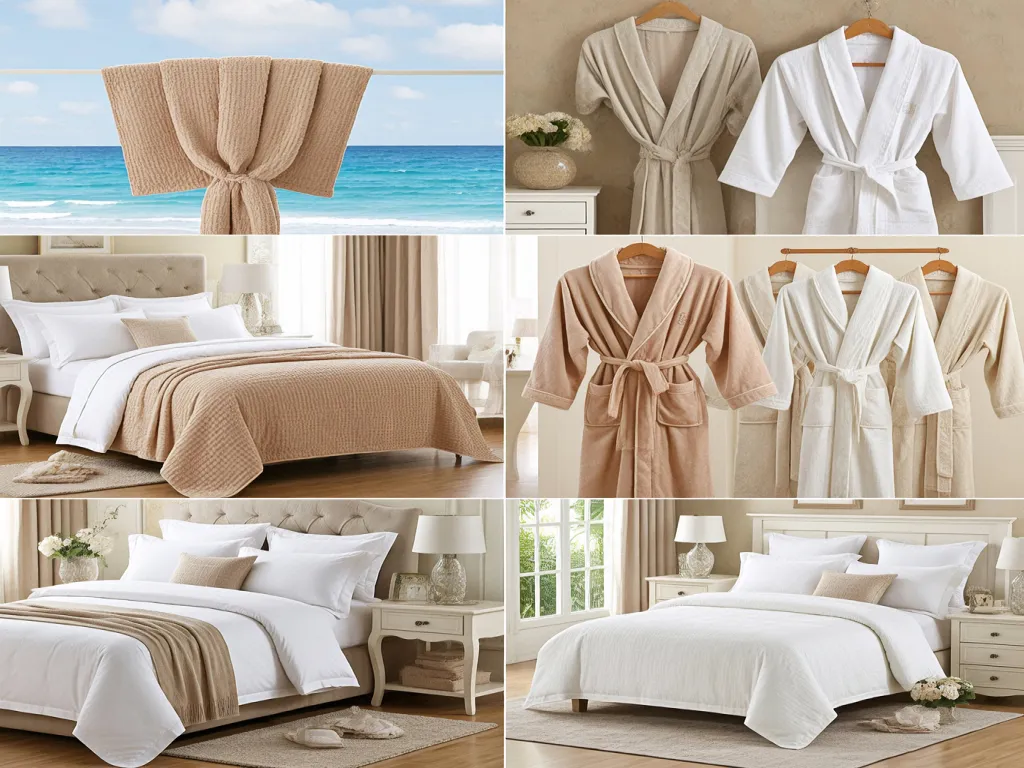 A collage of hotel bedroom scenes featuring bathrobes and elegant bedding