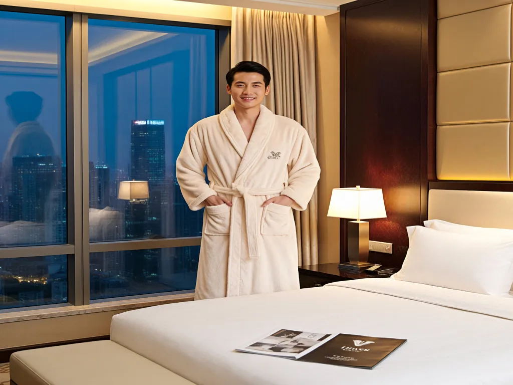 A model wearing a luxury hotel bathrobe in a hotel room
