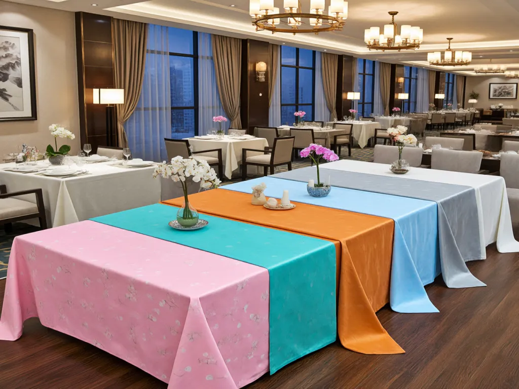 Colorful table linen in pink, blue, and orange on tables in a restaurant