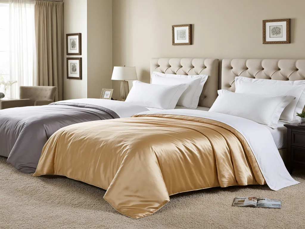 Elegant hotel style bedding with gold and grey tones